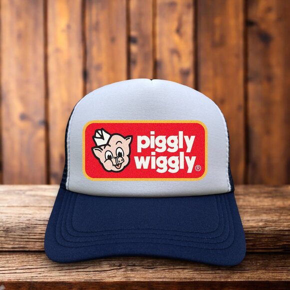 Piggly Wiggly Mens Trucker Hat Navy Snapback Grocery Store Supermarket Chain Cap - Picture 2 of 4